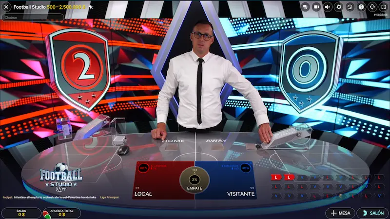 interfaz de Football Studio en casino en vivo con apuestas Home Away y Draw
