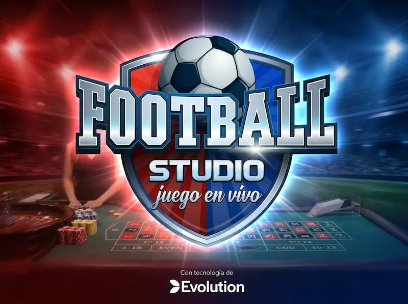 hero de Football Studio con logo y estilo de casino en vivo en rojo y azul