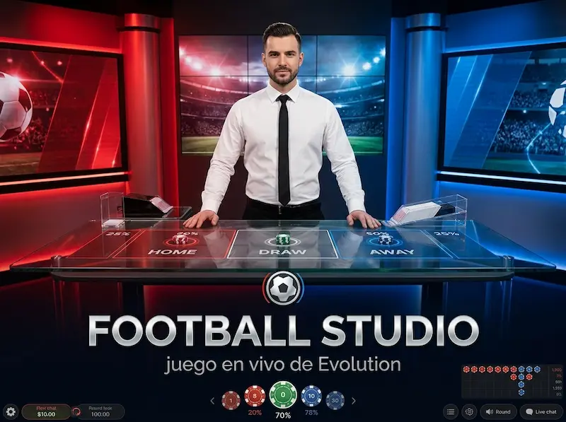 crupier en Football Studio en casino en vivo con apuestas Home Draw y Away